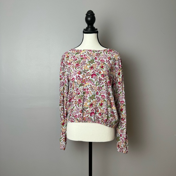 Loft Jungle Wrapped Back floral long sleeve cropped top size xs - Picture 10 of 12